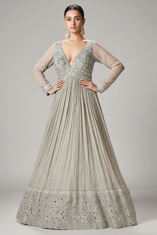 Silver Georgette Sequinned V Neck Anarkali Suit