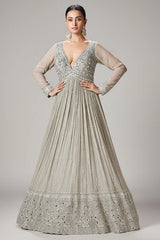 Silver Georgette Sequinned V Neck Anarkali Suit