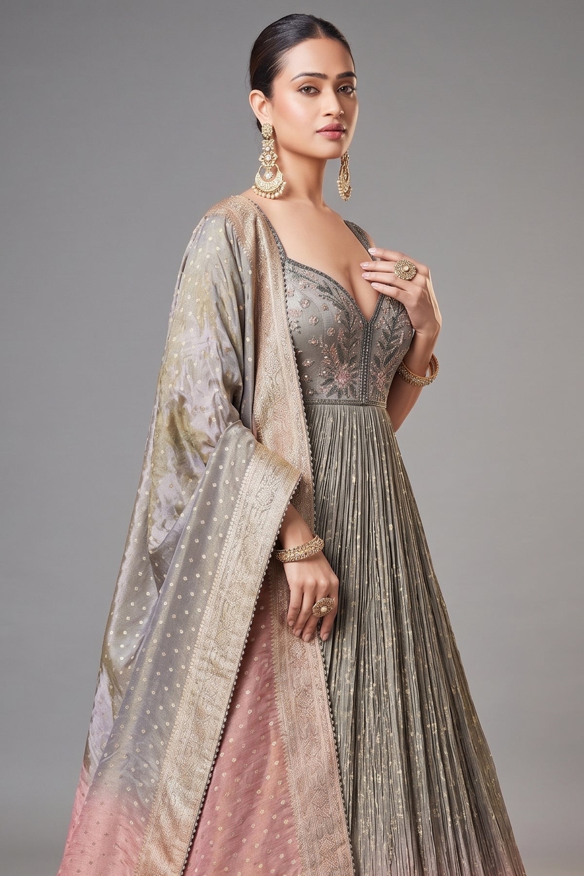 Grey and Pink Tissue Anarkali Suit with Sequinned and Beads Work