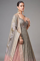 Grey and Pink Tissue Anarkali Suit with Sequinned and Beads Work