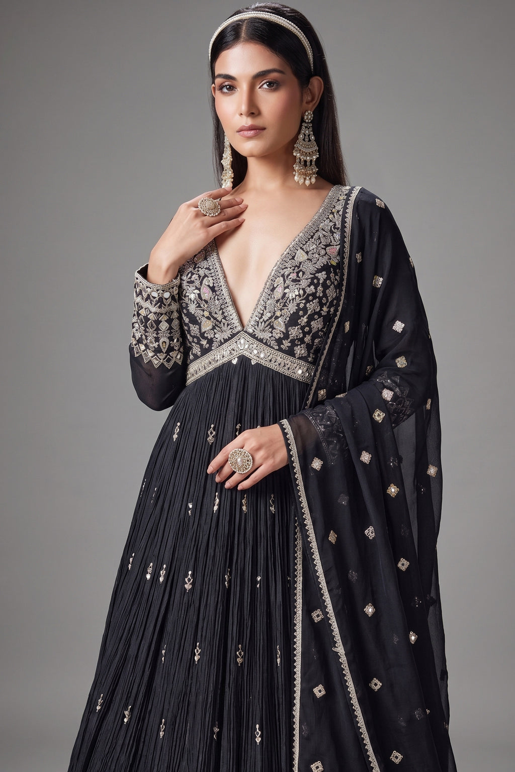 Black Chinon Mirror and Embroidered V Neck Anarkali Suit