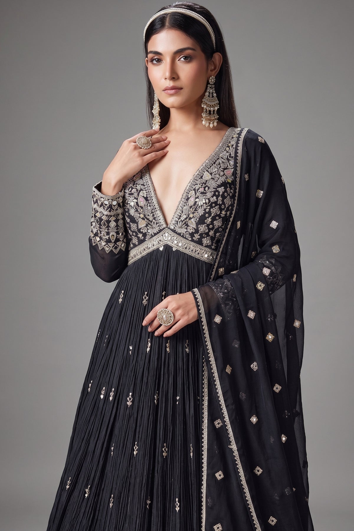 Black Chinon Mirror and Embroidered V Neck Anarkali Suit