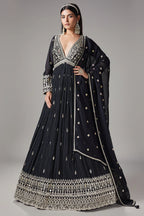 Black Chinon Mirror and Embroidered V Neck Anarkali Suit