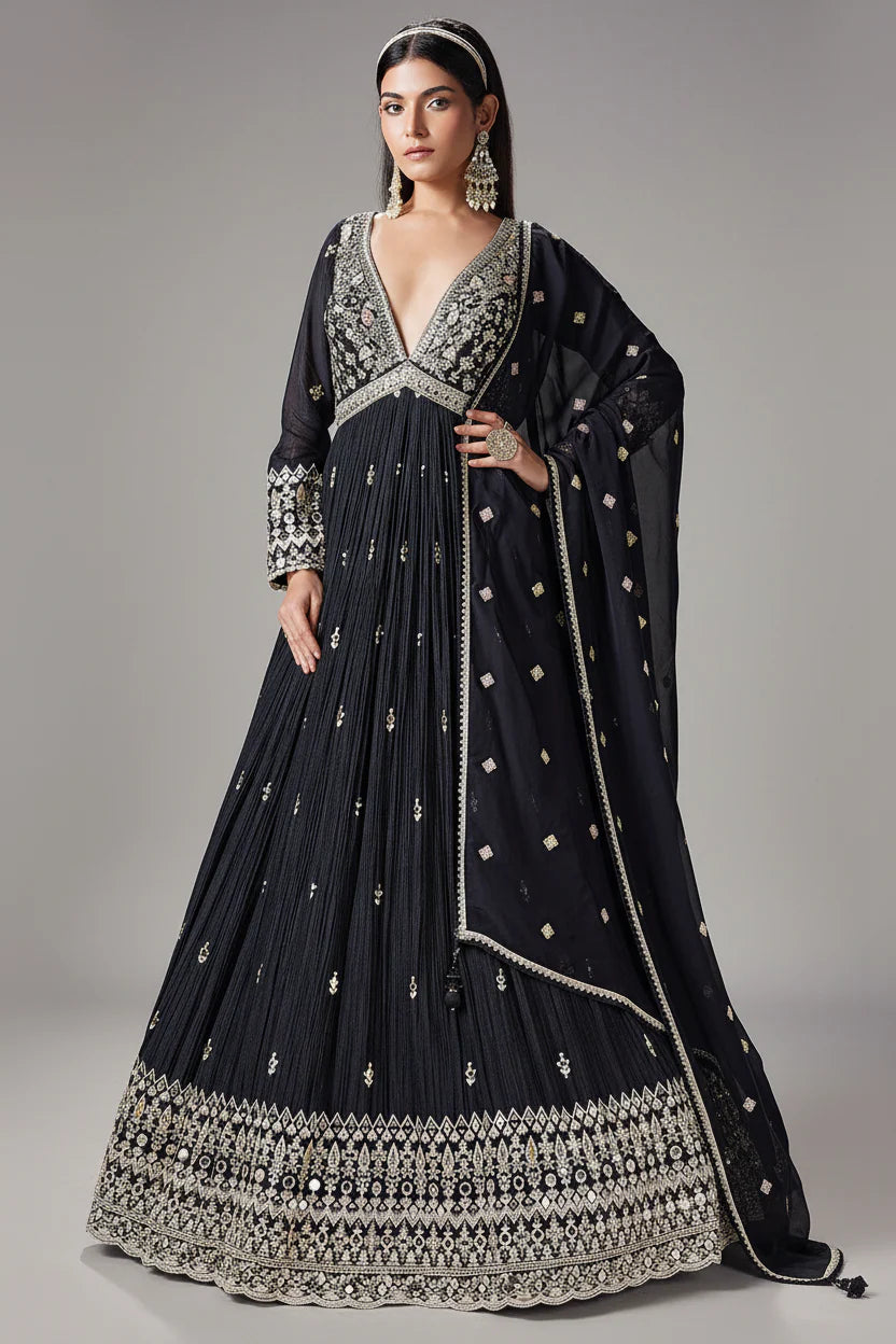 Black Chinon Mirror and Embroidered V Neck Anarkali Suit