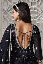 Black Chinon Mirror and Embroidered V Neck Anarkali Suit