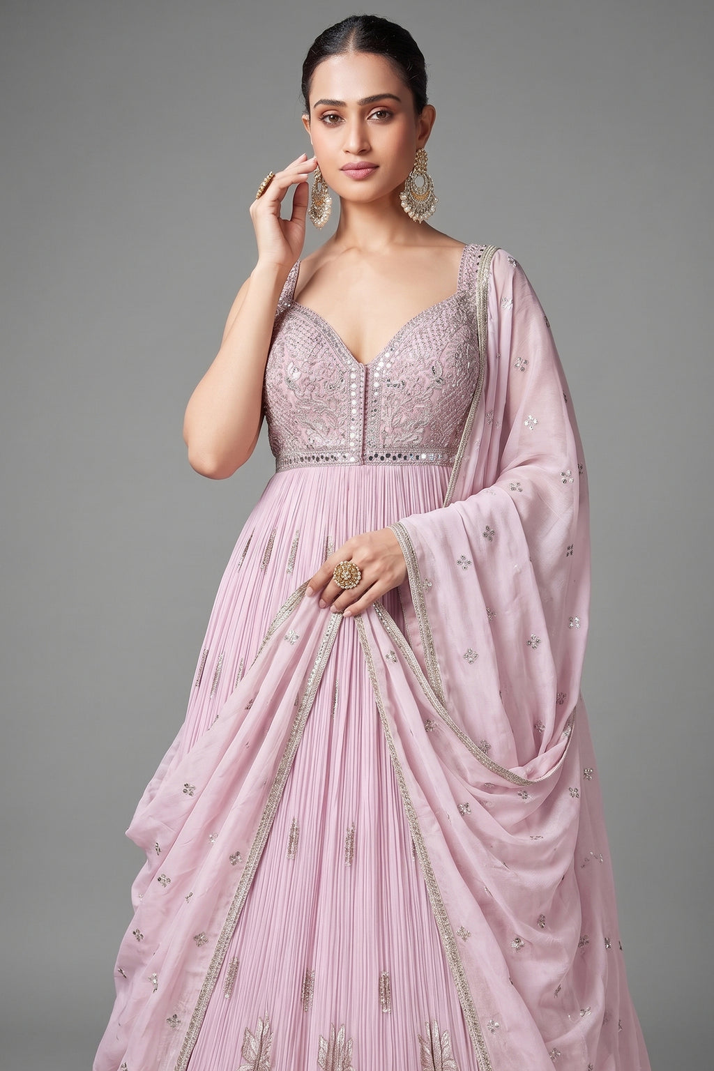 Light Pink Georgette Mirror Worked Anarkali Suit with Floral Embroidery Border