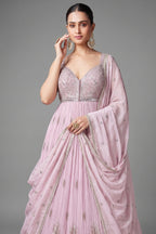 Light Pink Georgette Mirror Worked Anarkali Suit with Floral Embroidery Border