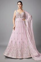 Light Pink Georgette Mirror Worked Anarkali Suit with Floral Embroidery Border