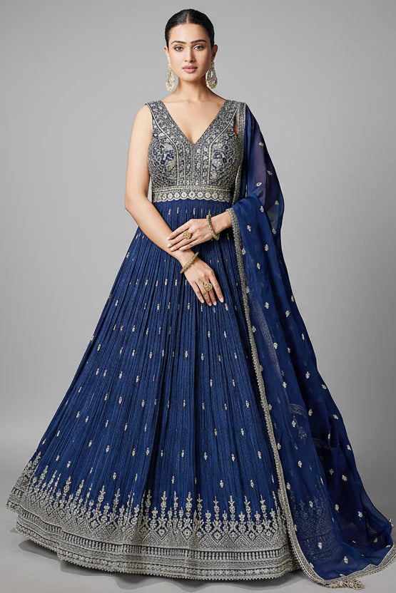Blue Chinon Sequin Anarkali Suit
