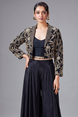 Black Raw Silk Embroidered Crop Top Palazzo Set with Short Jacket