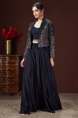 Black Raw Silk Crop Top Palazzo Set with Embroidery and Sequin Work Jacket