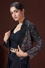 Black Raw Silk Crop Top Palazzo Set with Embroidery and Sequin Work Jacket