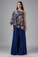 Blue Crepe Satin Silk Printed One Shoulder Asymmetrical Top and Palazzo Set