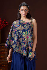 Blue Crepe Satin Silk Printed One Shoulder Asymmetrical Top and Palazzo Set