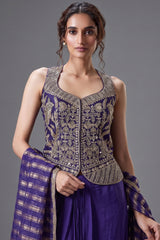 Blue Raw Silk Embroidered Top with Pleated Skirt Set
