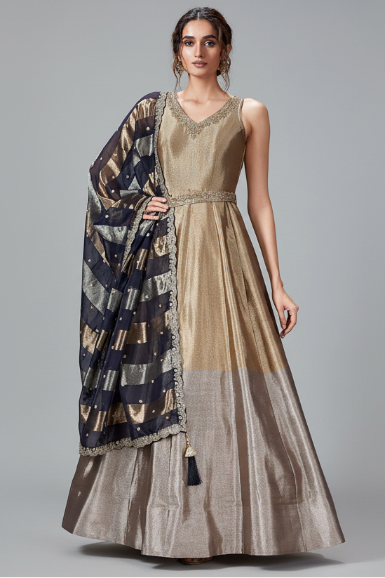 Golden and Silver Ombre Tissue Anarkali Suit with Sequin Zardosi Work