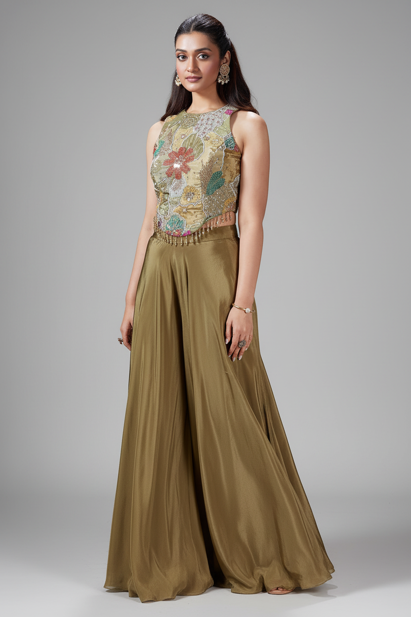Olive Green Crepe Satin Silk Cutdana Beaded and Mirror Worked Crop Top Palazzo Set