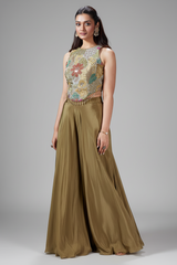 Olive Green Crepe Satin Silk Cutdana Beaded and Mirror Worked Crop Top Palazzo Set
