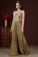 Olive Green Crepe Satin Silk Cutdana Beaded and Mirror Worked Crop Top Palazzo Set