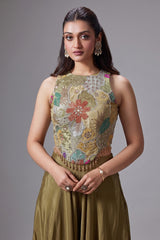 Olive Green Crepe Satin Silk Cutdana Beaded and Mirror Worked Crop Top Palazzo Set