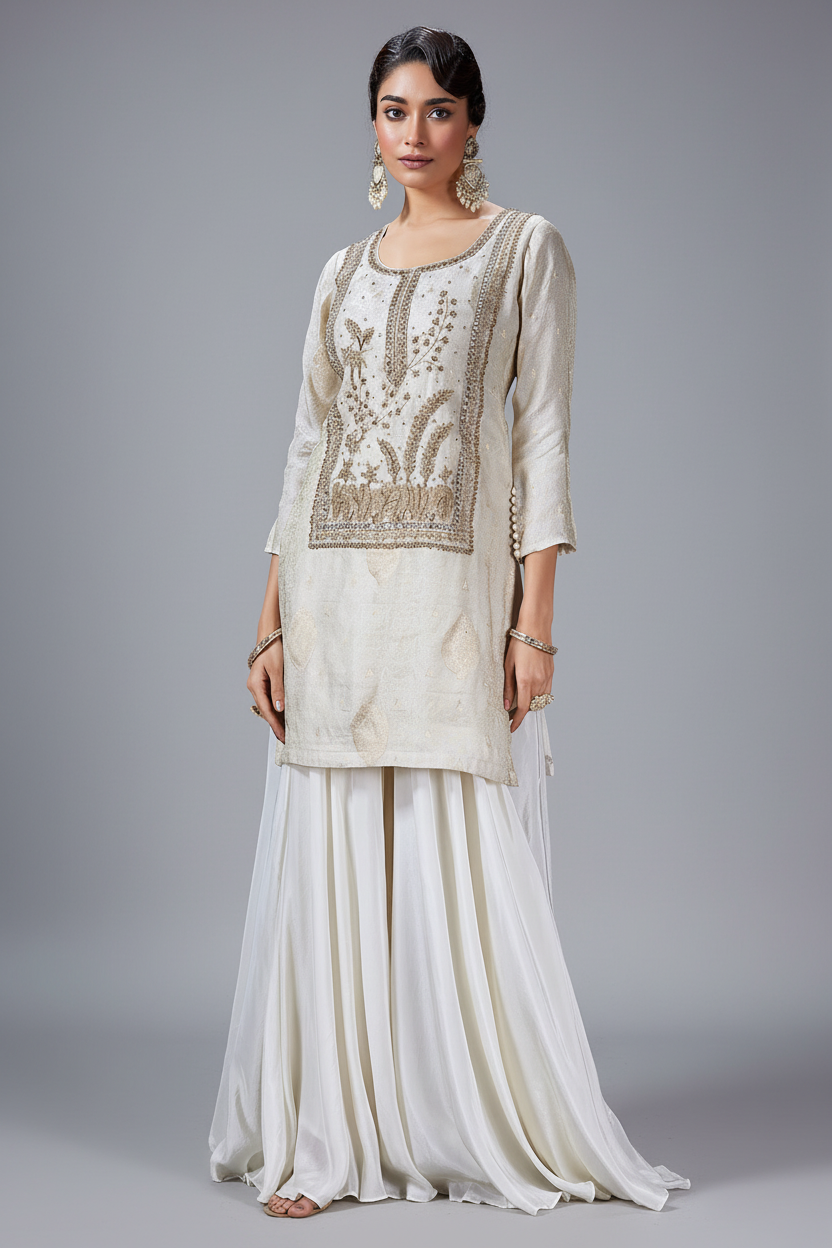 Off White Banarasi Silk Woven and Zardosi Worked Straight Cut Palazzo Suit