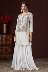 Off White Banarasi Silk Woven and Zardosi Worked Straight Cut Palazzo Suit