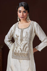 Off White Banarasi Silk Woven and Zardosi Worked Straight Cut Palazzo Suit