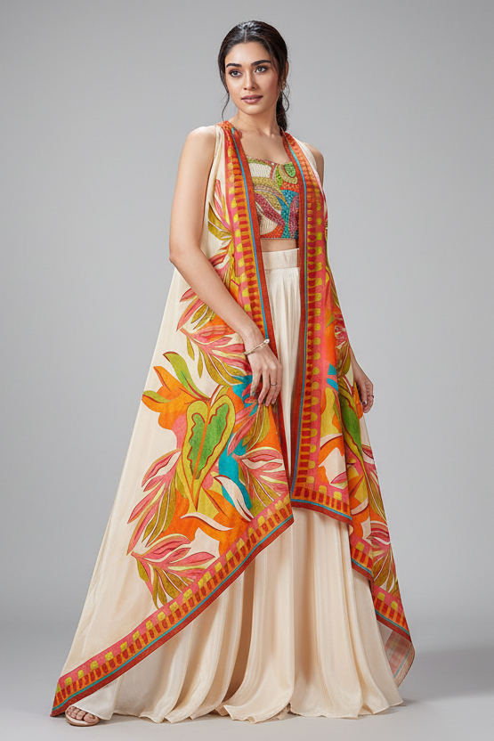 Cream Crepe Silk Cutdana Sequin Worked Crop Top Palazzo Set with Cape Jacket