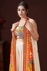 Cream Crepe Silk Cutdana Sequin Worked Crop Top Palazzo Set with Cape Jacket