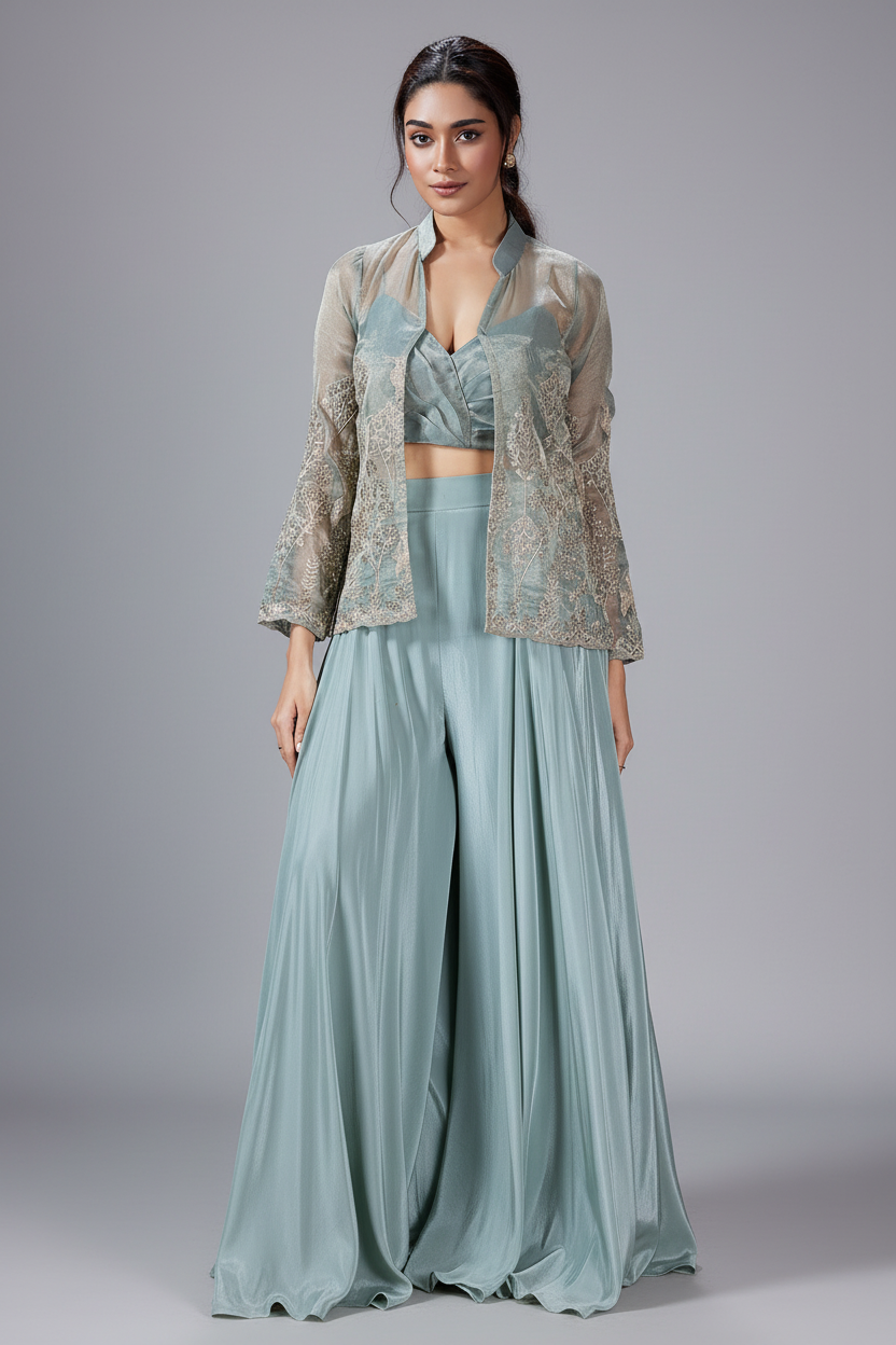 Light Blue Tissue Silk Crop Top Palazzo Set with Embroidered Jacket
