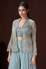 Light Blue Tissue Silk Crop Top Palazzo Set with Embroidered Jacket