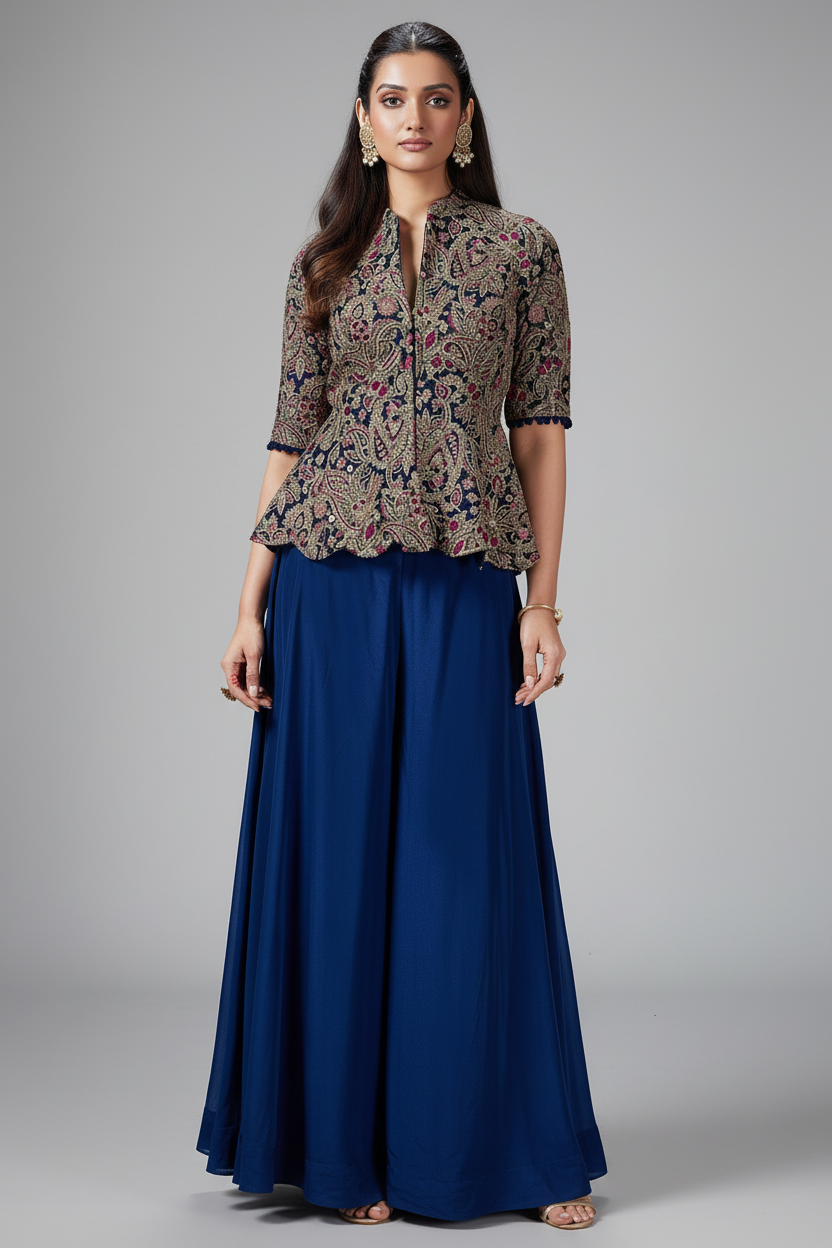Blue Chinon Sequin Embroidered Top and Palazzo Set