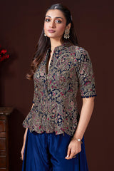 Blue Chinon Sequin Embroidered Top and Palazzo Set
