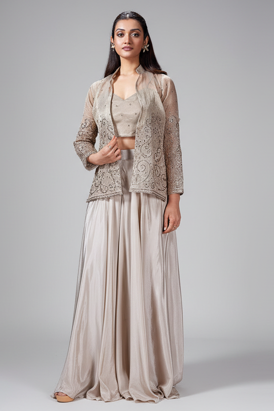 Grey Tissue Embroidered Crop Top Palazzo Set with Jacket