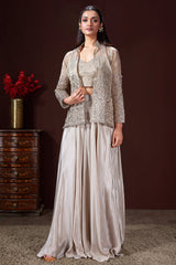 Grey Tissue Embroidered Crop Top Palazzo Set with Jacket