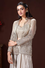 Grey Tissue Embroidered Crop Top Palazzo Set with Jacket
