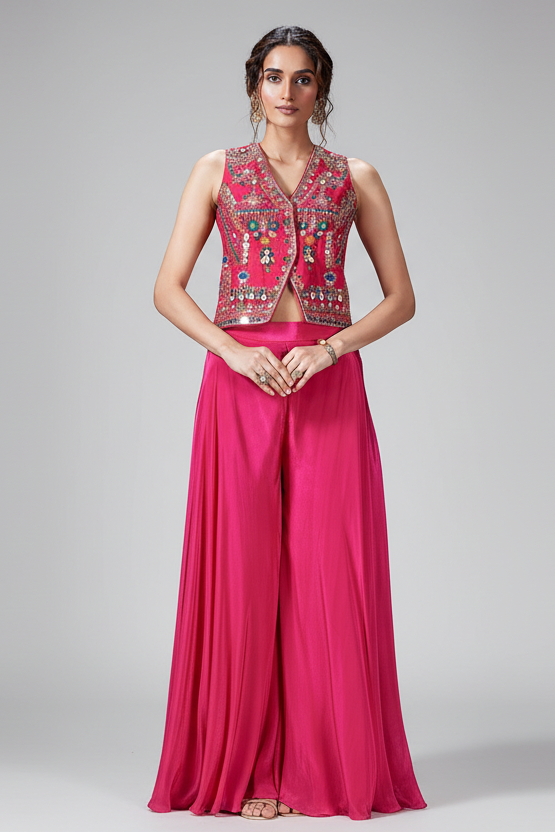 Pink Silk Embroidered and Mirror Worked Crop Top Palazzo Set with Shell Detailing