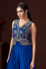 Blue Silk Embroidered and Mirror Worked Crop Top Palazzo Set with Shell Detailing