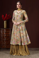 Olive Green and Multi Colored Crepe Satin Silk Palazzo Set