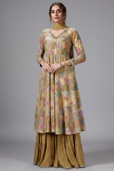 Olive Green and Multi Colored Crepe Satin Silk Palazzo Set