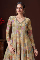 Olive Green and Multi Colored Crepe Satin Silk Palazzo Set