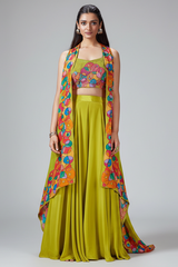 Lime Green Crepe Silk Cutdana Worked Crop Top Palazzo Set with Jacket