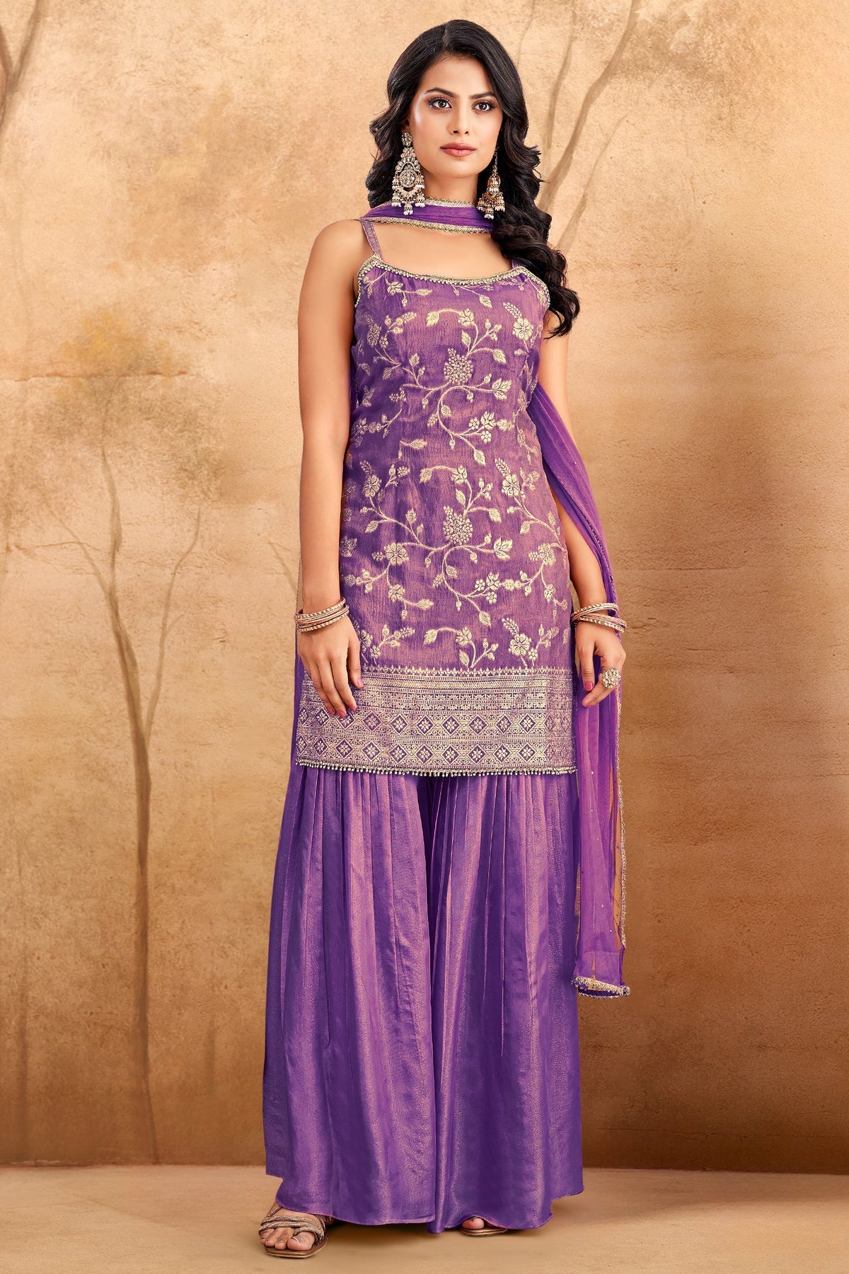 Lavender Purple Tissue Floral Woven Sharara Suit