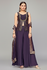 Dark Purple Art Silk Woven Slit Cut Palazzo Suit