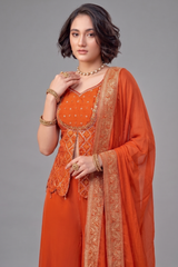 Orange Art Silk Woven Slit Cut Palazzo Suit