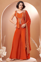 Orange Art Silk Woven Slit Cut Palazzo Suit