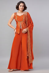 Orange Art Silk Woven Slit Cut Palazzo Suit