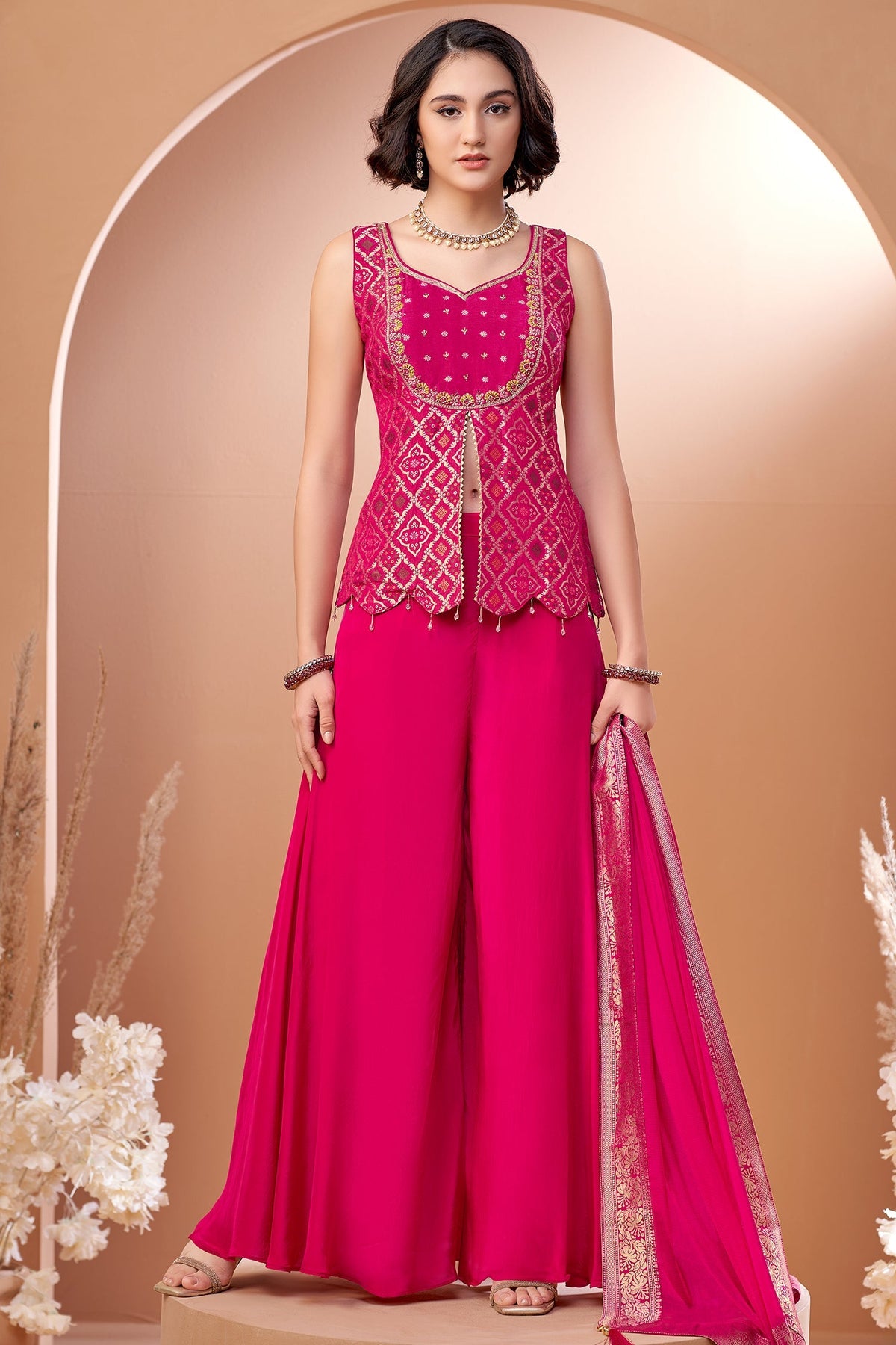 Pink Art Silk Woven Slit Cut Palazzo Suit