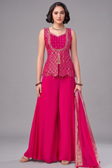 Pink Art Silk Woven Slit Cut Palazzo Suit