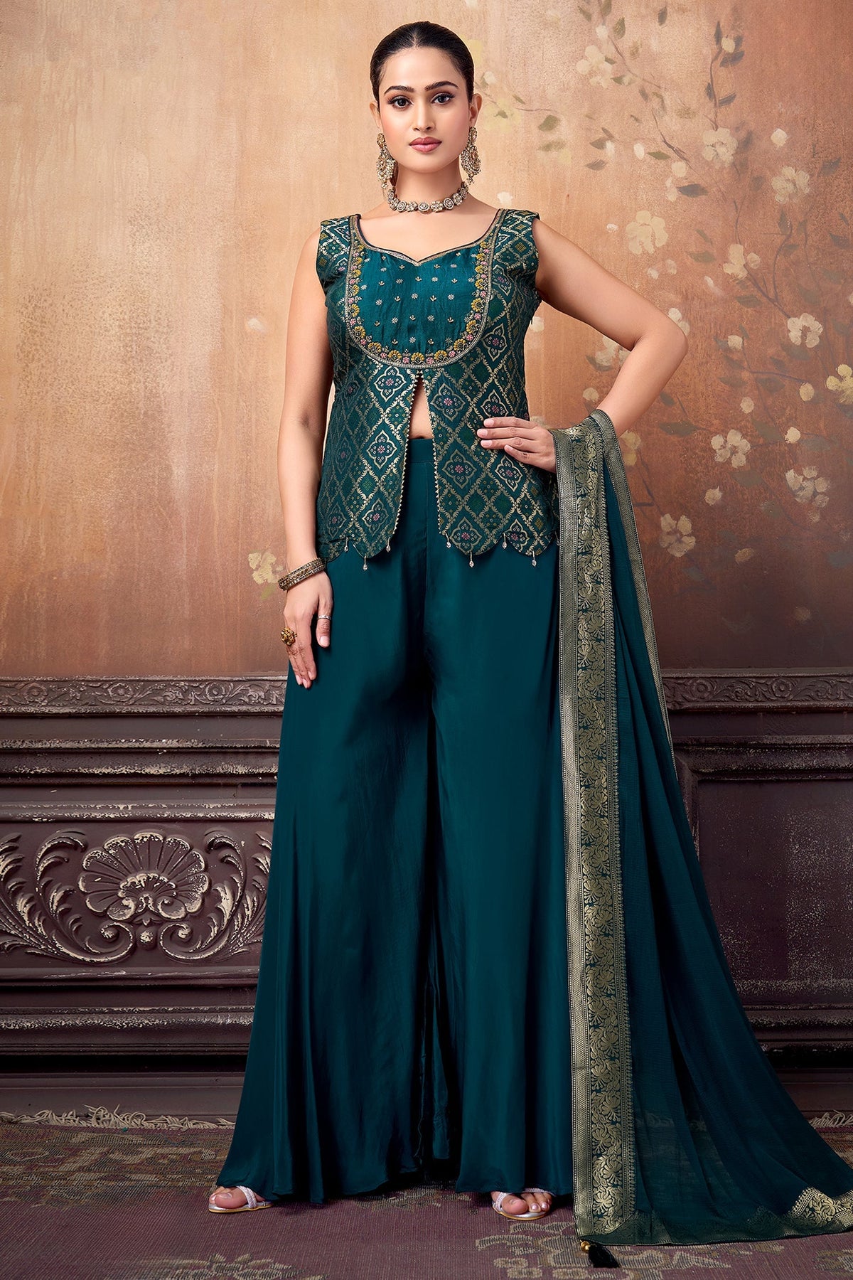 Teal Green Art Silk Woven Slit Cut Palazzo Suit